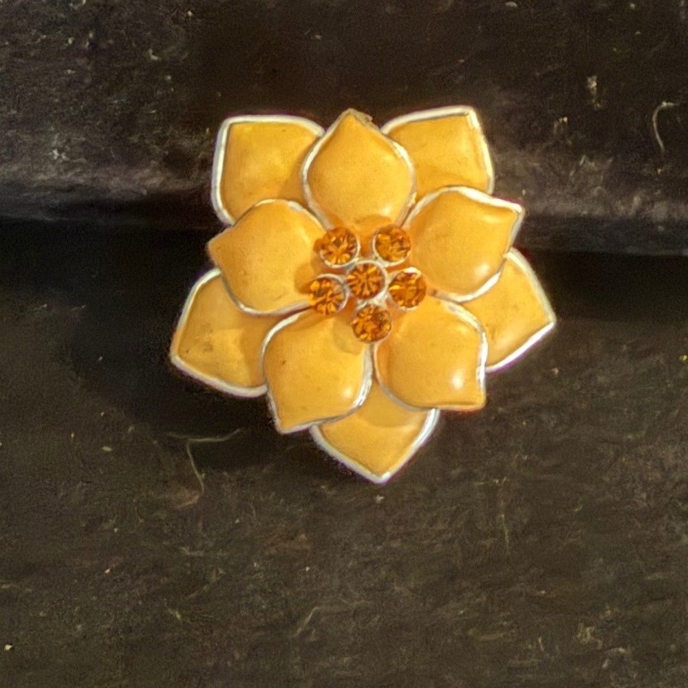 Yellow Enamel Flower Brooch Orange Rhinestone Center Silver Tone Floral Pin